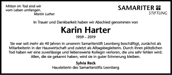 Traueranzeige von Karin Harter von Leonberger Kreiszeitung / Strohgäu Extra