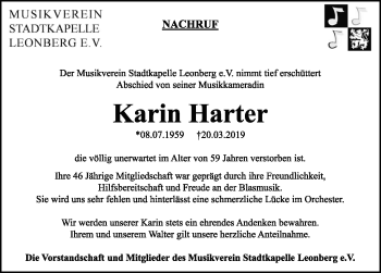Traueranzeige von Karin Harter von Leonberger Kreiszeitung / Strohgäu Extra