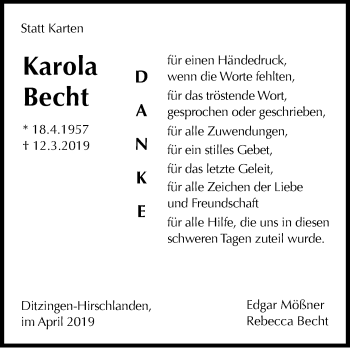 Traueranzeige von Karola Becht von Leonberger Kreiszeitung / Strohgäu Extra