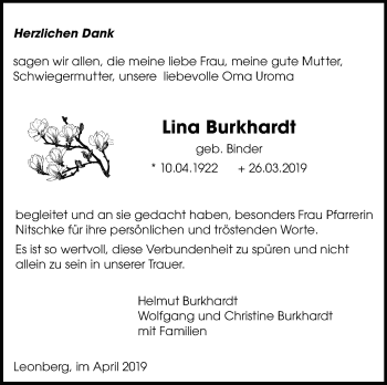 Traueranzeige von Lina Burkhardt von Leonberger Kreiszeitung / Strohgäu Extra