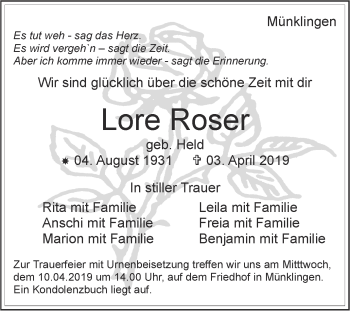 Traueranzeige von Lore Roser von Leonberger Kreiszeitung / Strohgäu Extra