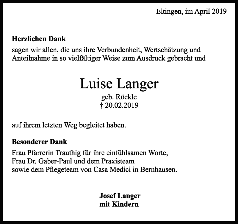  Traueranzeige für Luise Langer vom 06.04.2019 aus Leonberger Kreiszeitung / Strohgäu Extra