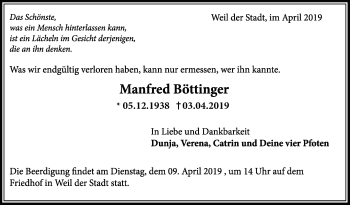 Traueranzeige von Manfred Böttinger von Leonberger Kreiszeitung / Strohgäu Extra