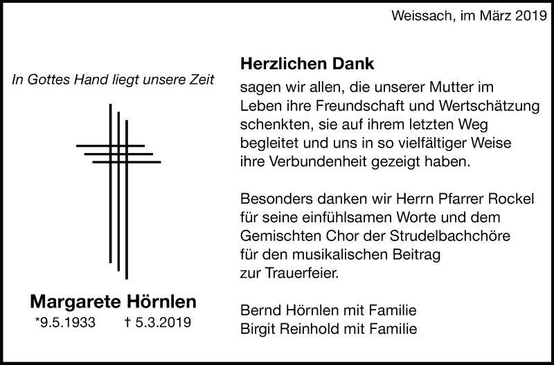  Traueranzeige für Margarete Hörnlen vom 03.04.2019 aus Leonberger Kreiszeitung / Strohgäu Extra