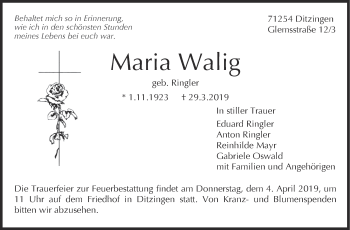 Traueranzeige von Maria Walig von Leonberger Kreiszeitung / Strohgäu Extra