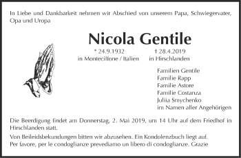 Traueranzeige von Nicola Gentile von Leonberger Kreiszeitung / Strohgäu Extra