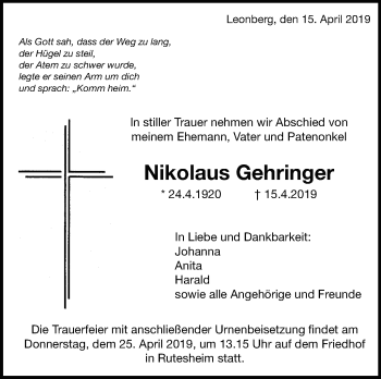 Traueranzeige von Nikolaus Gehringer von Leonberger Kreiszeitung / Strohgäu Extra