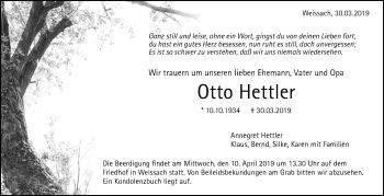 Traueranzeige von Otto Hettler von Leonberger Kreiszeitung / Strohgäu Extra