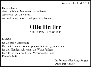 Traueranzeige von Otto Hettler von Leonberger Kreiszeitung / Strohgäu Extra