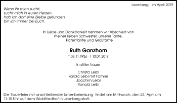Traueranzeige von Ruth Ganzhorn von Leonberger Kreiszeitung / Strohgäu Extra