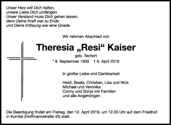 Traueranzeige von Theresia Kaiser von Leonberger Kreiszeitung / Strohgäu Extra