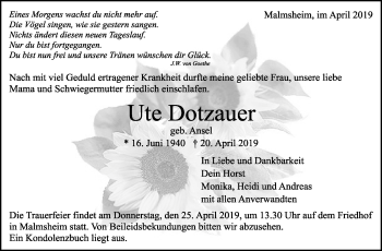 Traueranzeige von Ute Dotzauer von Leonberger Kreiszeitung / Strohgäu Extra