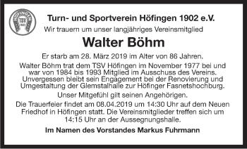 Traueranzeige von Walter Böhm von Leonberger Kreiszeitung / Strohgäu Extra