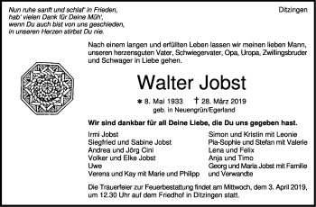 Traueranzeige von Walter Jobst von Leonberger Kreiszeitung / Strohgäu Extra