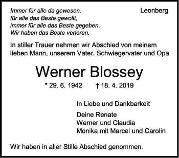 Traueranzeige von Werner Blossey von Leonberger Kreiszeitung / Strohgäu Extra