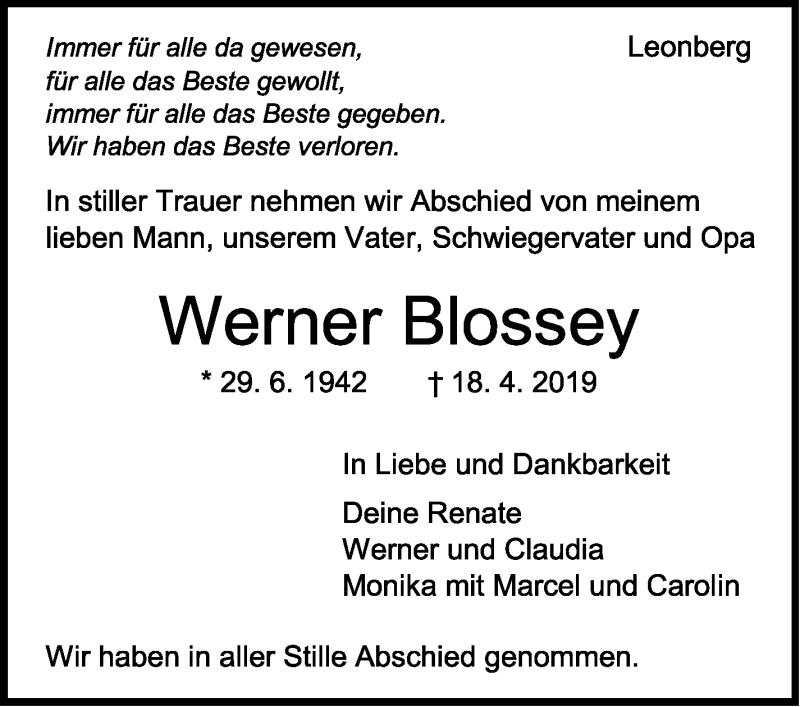  Traueranzeige für Werner Blossey vom 30.04.2019 aus Leonberger Kreiszeitung / Strohgäu Extra