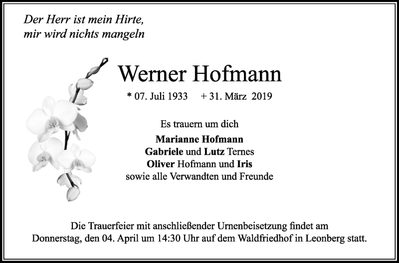  Traueranzeige für Werner Hofmann vom 03.04.2019 aus Leonberger Kreiszeitung / Strohgäu Extra