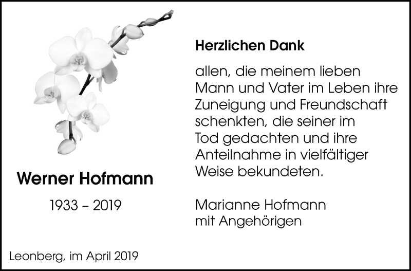  Traueranzeige für Werner Hofmann vom 20.04.2019 aus Leonberger Kreiszeitung / Strohgäu Extra