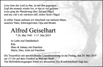 Traueranzeige von Alfred Geiselhart von Leonberger Kreiszeitung / Strohgäu Extra