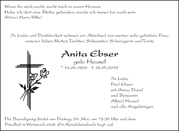 Traueranzeige von Anita Ebser von Leonberger Kreiszeitung / Strohgäu Extra