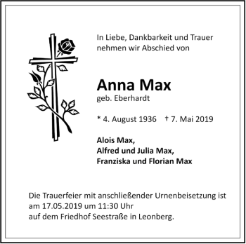 Traueranzeige von Anna Max von Leonberger Kreiszeitung / Strohgäu Extra
