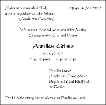 Traueranzeige von Anneliese Grimus von Leonberger Kreiszeitung / Strohgäu Extra