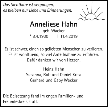 Traueranzeige von Anneliese Hahn von Leonberger Kreiszeitung / Strohgäu Extra