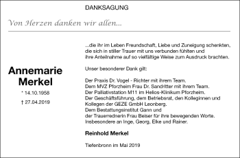 Traueranzeige von Annemarie Merkel von Leonberger Kreiszeitung / Strohgäu Extra