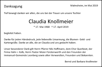 Traueranzeige von Claudia Knollmeier von Leonberger Kreiszeitung / Strohgäu Extra