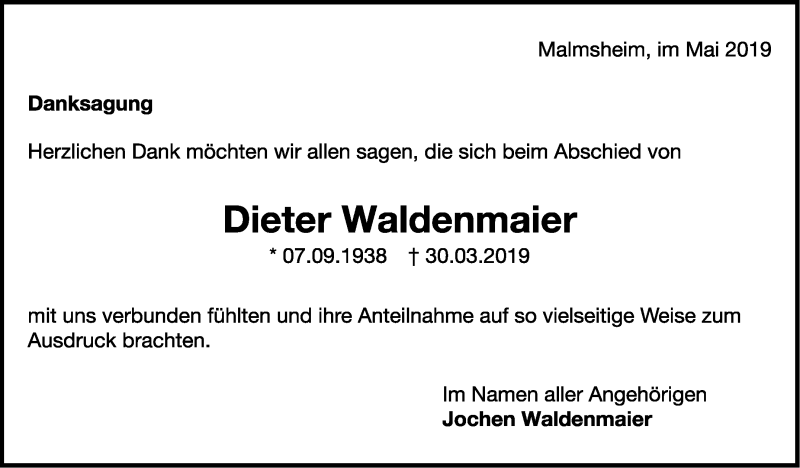  Traueranzeige für Dieter Waldenmaier vom 09.05.2019 aus Leonberger Kreiszeitung / Strohgäu Extra