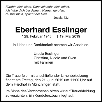 Traueranzeige von Eberhard Esslinger von Leonberger Kreiszeitung / Strohgäu Extra