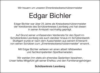 Traueranzeige von Edgar Bichler von Leonberger Kreiszeitung / Strohgäu Extra