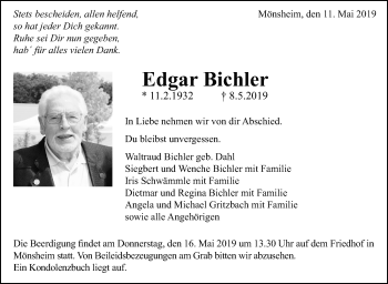 Traueranzeige von Edgar Bichler von Leonberger Kreiszeitung / Strohgäu Extra
