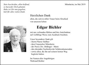 Traueranzeige von Edgar Bichler von Leonberger Kreiszeitung / Strohgäu Extra