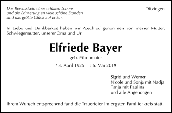 Traueranzeige von Elfriede Bayer von Leonberger Kreiszeitung / Strohgäu Extra