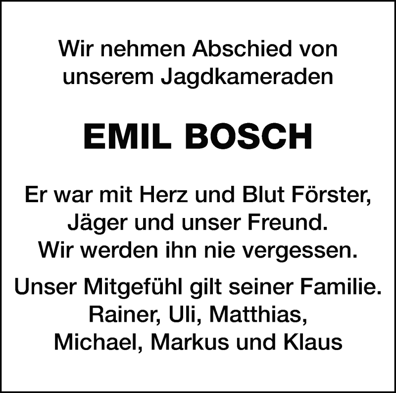  Traueranzeige für Emil Bosch vom 08.05.2019 aus Leonberger Kreiszeitung / Strohgäu Extra