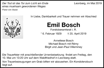 Traueranzeige von Emil Bosch von Leonberger Kreiszeitung / Strohgäu Extra