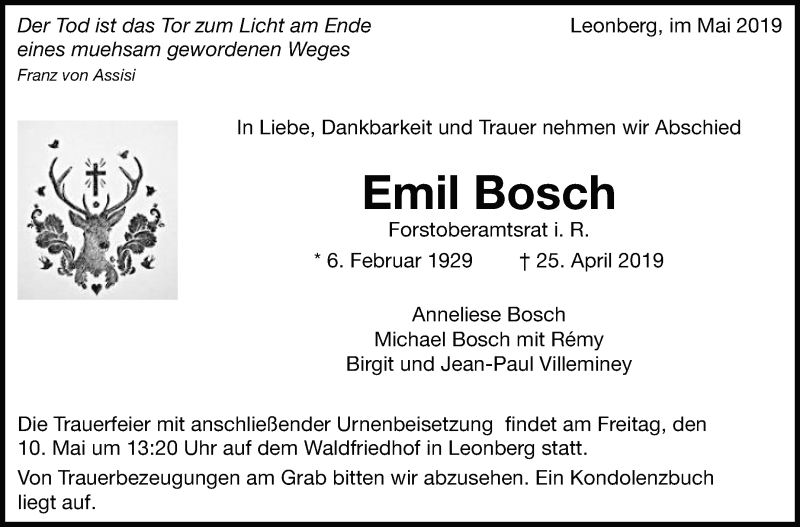  Traueranzeige für Emil Bosch vom 08.05.2019 aus Leonberger Kreiszeitung / Strohgäu Extra
