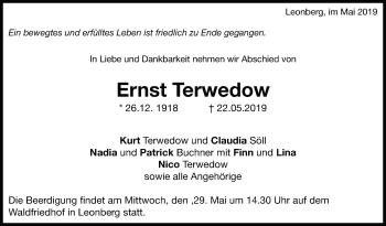 Traueranzeige von Ernst Terwedow von Leonberger Kreiszeitung / Strohgäu Extra