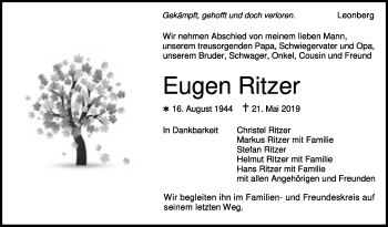 Traueranzeige von Eugen Ritzer von Leonberger Kreiszeitung / Strohgäu Extra
