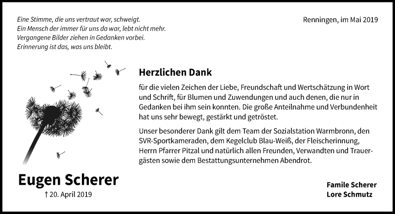  Traueranzeige für Eugen Scherer vom 09.05.2019 aus Leonberger Kreiszeitung / Strohgäu Extra