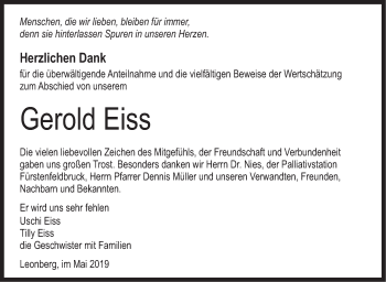Traueranzeige von Gerold Eiss von Leonberger Kreiszeitung / Strohgäu Extra