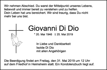 Traueranzeige von Giovanni  Di Dio von Leonberger Kreiszeitung / Strohgäu Extra