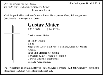 Traueranzeige von Gustav Maier von Leonberger Kreiszeitung / Strohgäu Extra