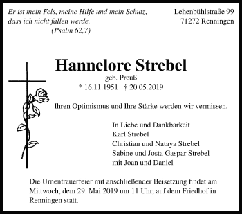 Traueranzeige von Hannelore Strebel von Leonberger Kreiszeitung / Strohgäu Extra