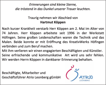 Traueranzeige von Hartmut Köppen von Leonberger Kreiszeitung / Strohgäu Extra