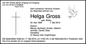 Traueranzeige von Helga Gross von Leonberger Kreiszeitung / Strohgäu Extra