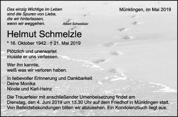 Traueranzeige von Helmut Schmelzle von Leonberger Kreiszeitung / Strohgäu Extra