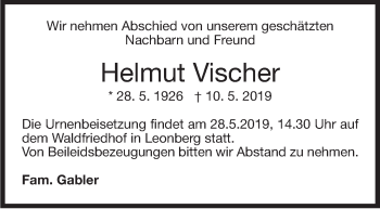 Traueranzeige von Helmut Vischer von Leonberger Kreiszeitung / Strohgäu Extra