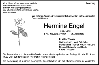 Traueranzeige von Hermine Engel von Leonberger Kreiszeitung / Strohgäu Extra